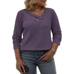 Plus Size Women's Knitted V Neck Top Long Sleeve Casual Blouse